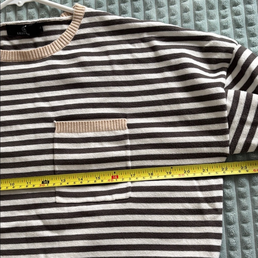 Striped Black & Cream Knit Sweater with Chest Pocket - Picture 8 of 10